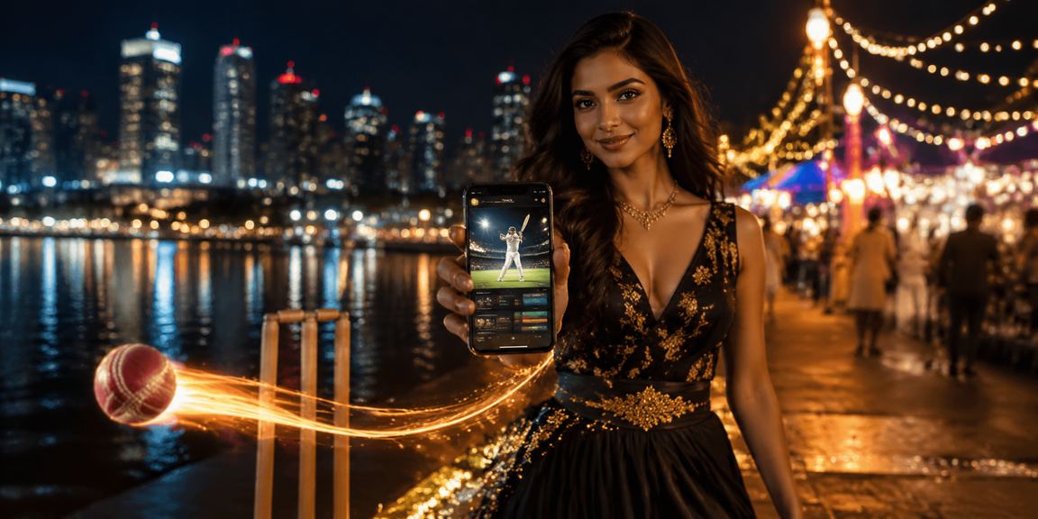 Indian cricket fans in a lively night market enjoying online betting